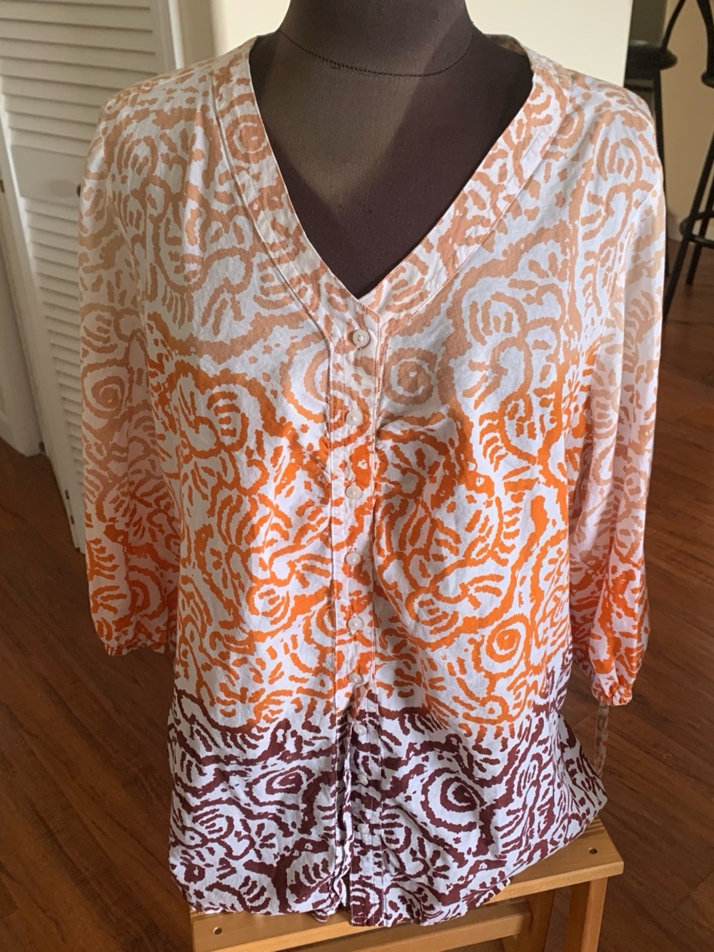 Just My Size 2X  Orange and Brown Patterned V-Neck Button Front Top